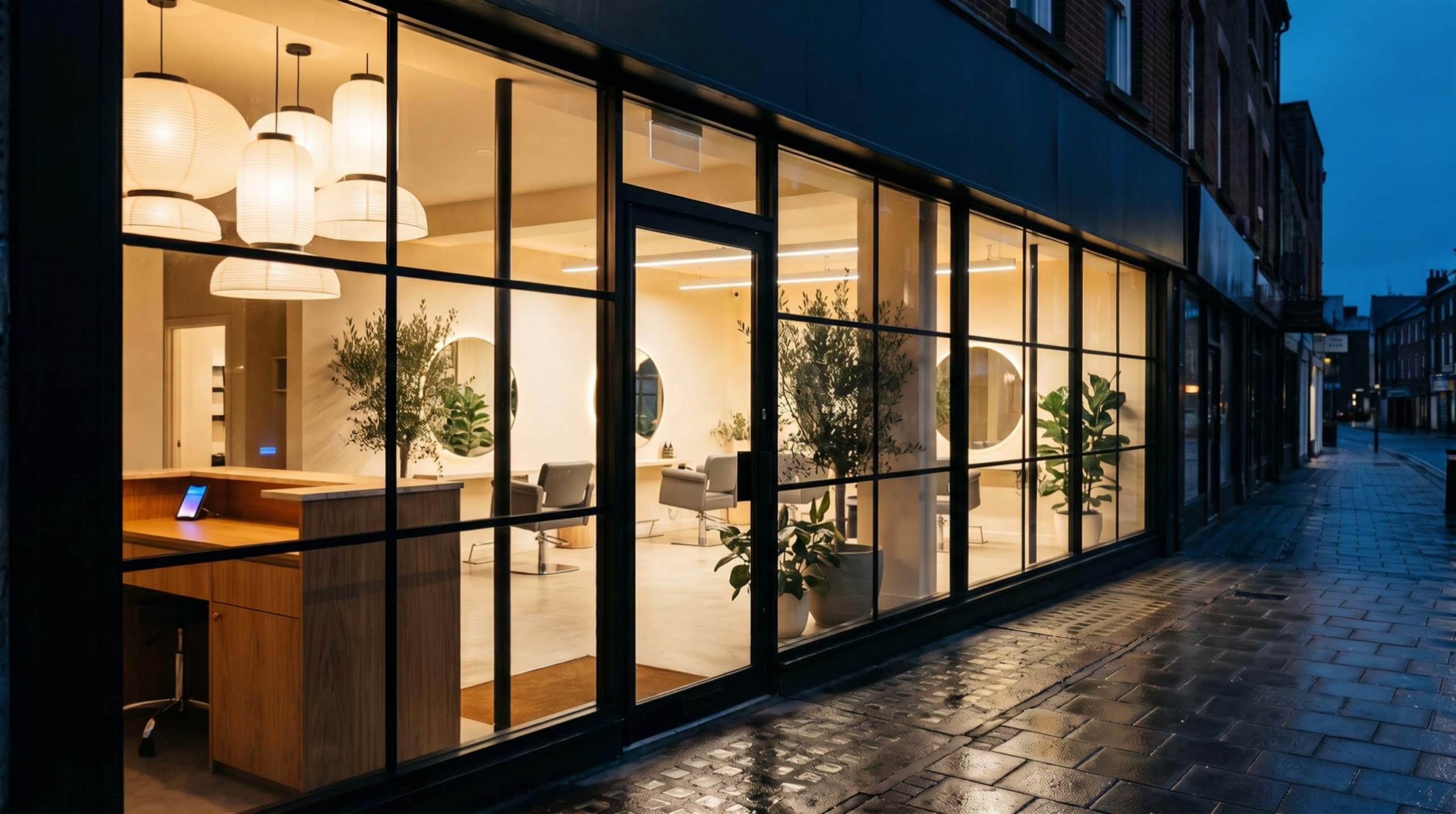 A modern salon storefront at blue hour, warm light inside, a phone glowing on the front desk