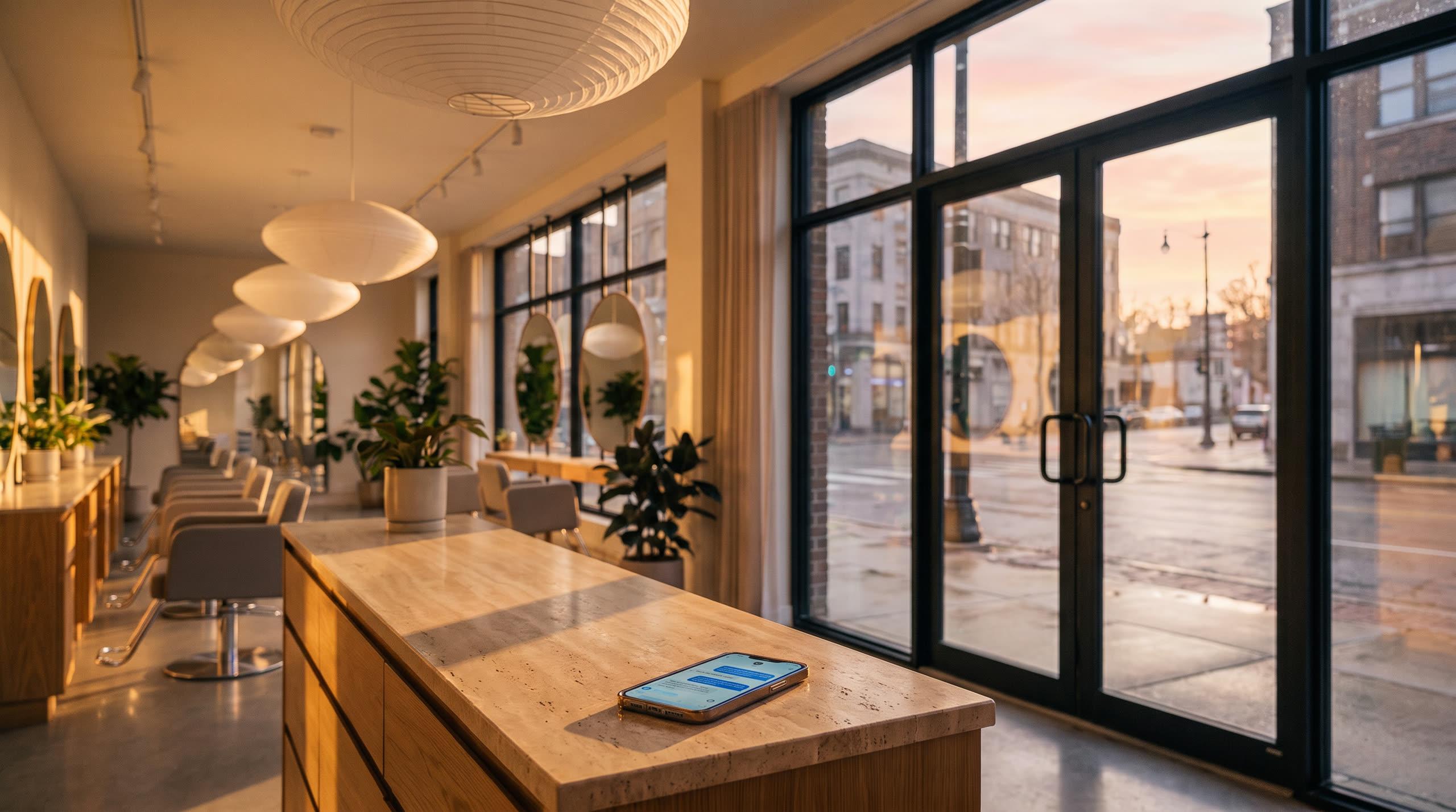 The same salon front desk at sunrise, the phone on the counter still lit